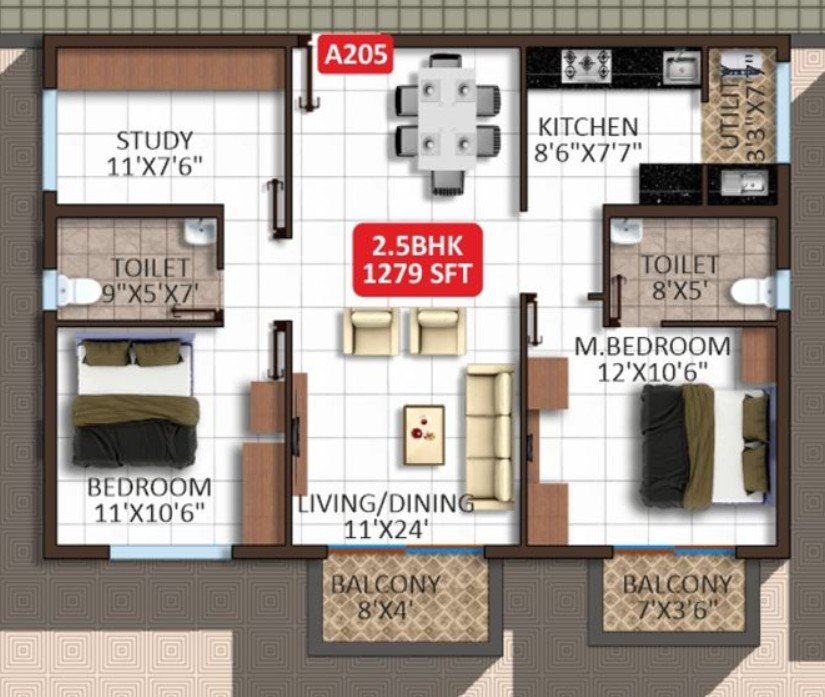 2.5 bhk unit plan