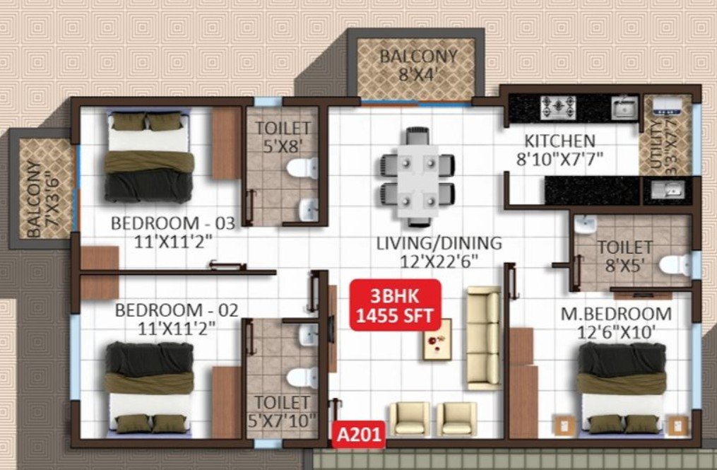 3 bhk unit plan